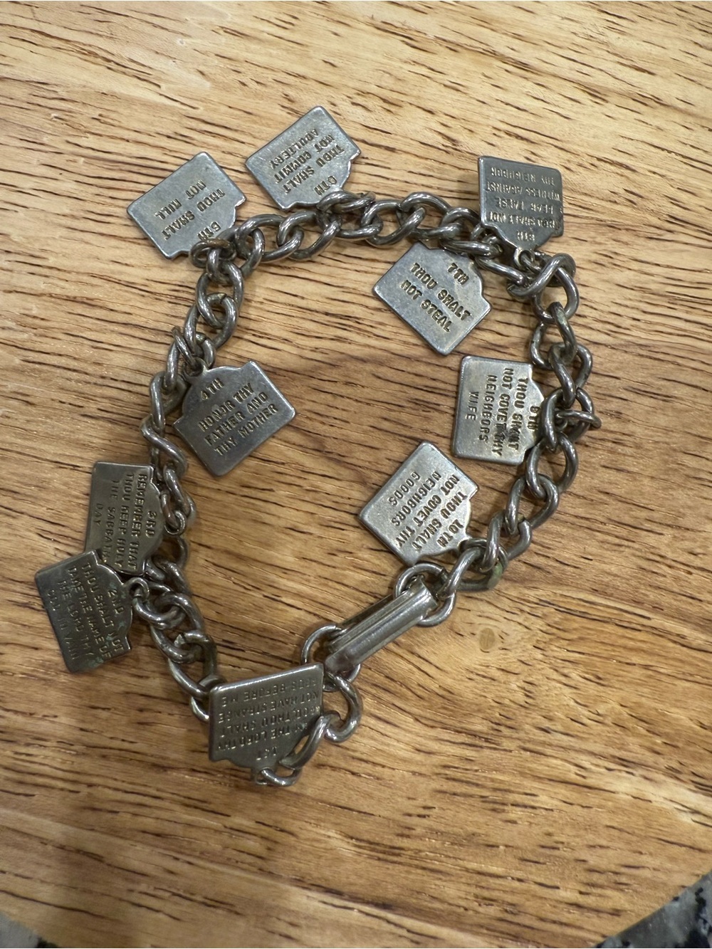 Vintage Mid-Century Silver Tone Ten Commandments Charm Bracelet